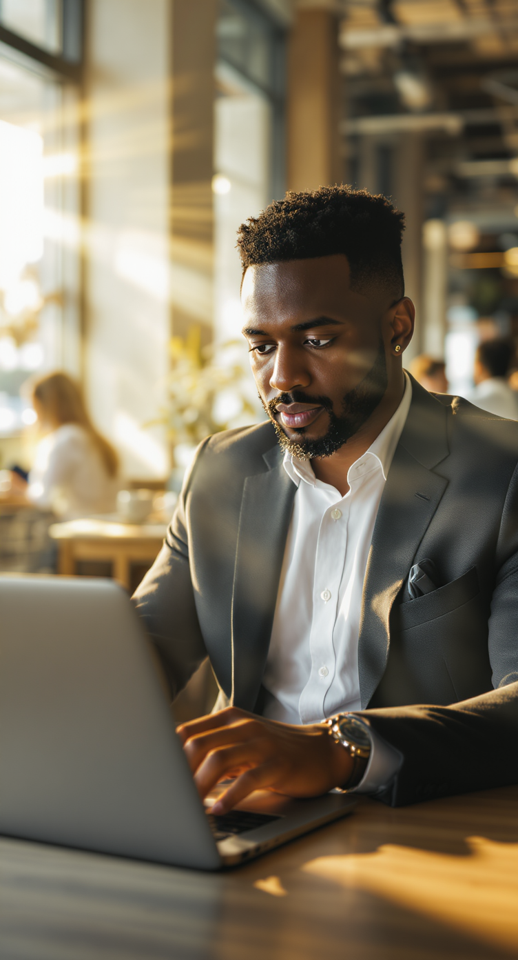 Homem elegante em terno cinza, sentado em um café moderno e iluminado, digitando em um laptop. A luz dourada do sol atravessa as janelas, criando um efeito suave e acolhedor, enquanto o fundo desfocado sugere um ambiente movimentado.